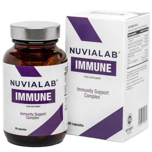 Bouteille de NuviaLab Immune sur fond blanc avec des listes de bienfaits