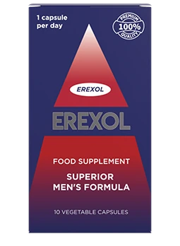 Bouteille de capsules Erexol, un complément alimentaire pour la santé de la prostate.